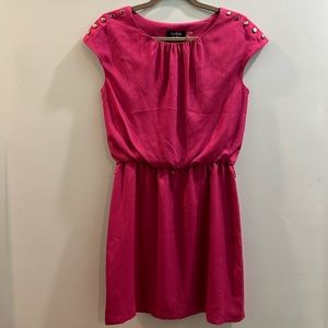 Bright pink/magenta dress with cute gold button accents - missing string belt!
